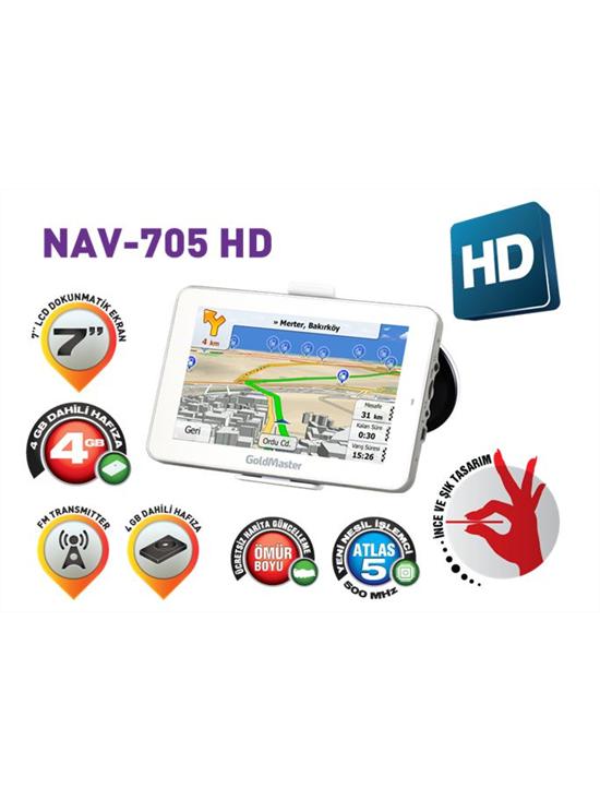 goldmaster nav-705 hd ekran 7 inch omurboyu ucretsiz harita fm verici av video girişi kamera girişi